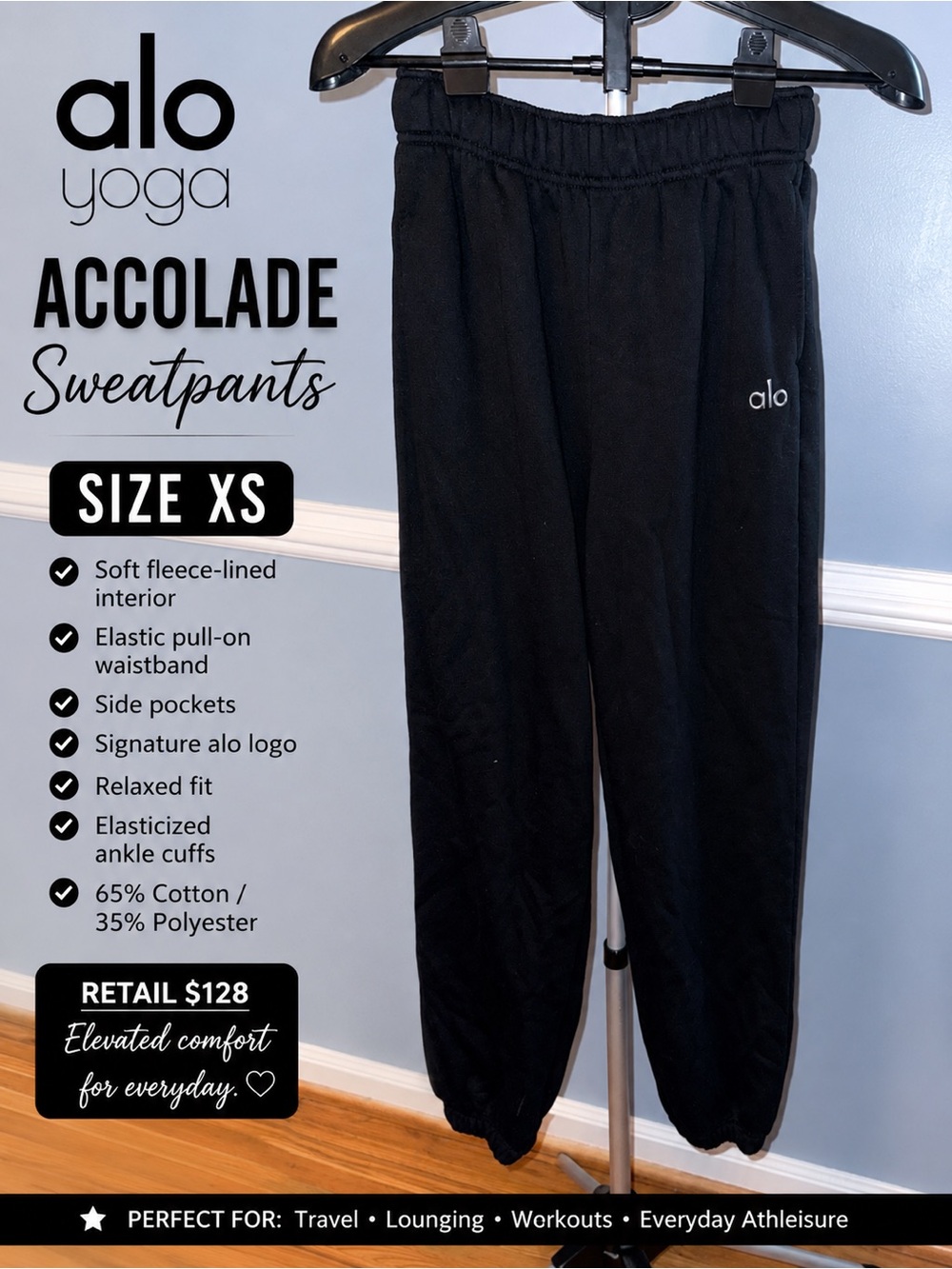 ALO Yoga Accolade Sweatpants Black | Size XS Fleece Joggers ๐ค